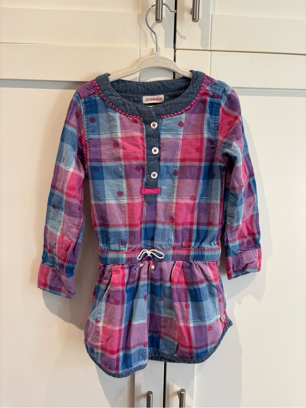 Hatley Girls Plaid Apple Drawstring Tunic Dress - Pink & Blue - Size 4